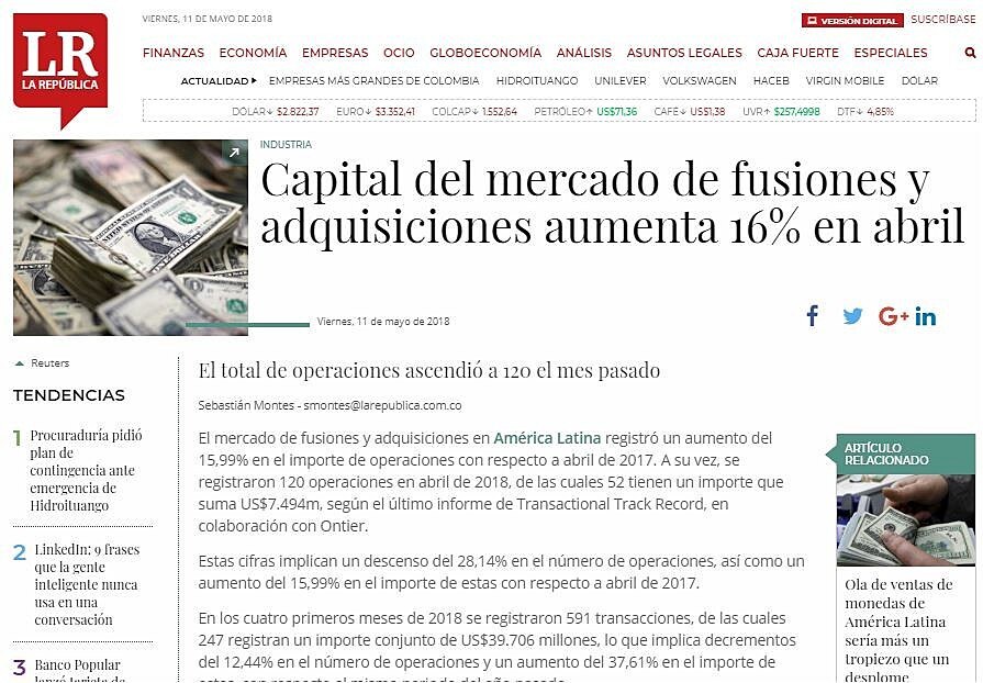 Capital del mercado de fusiones y adquisiciones aumenta 16% en abril